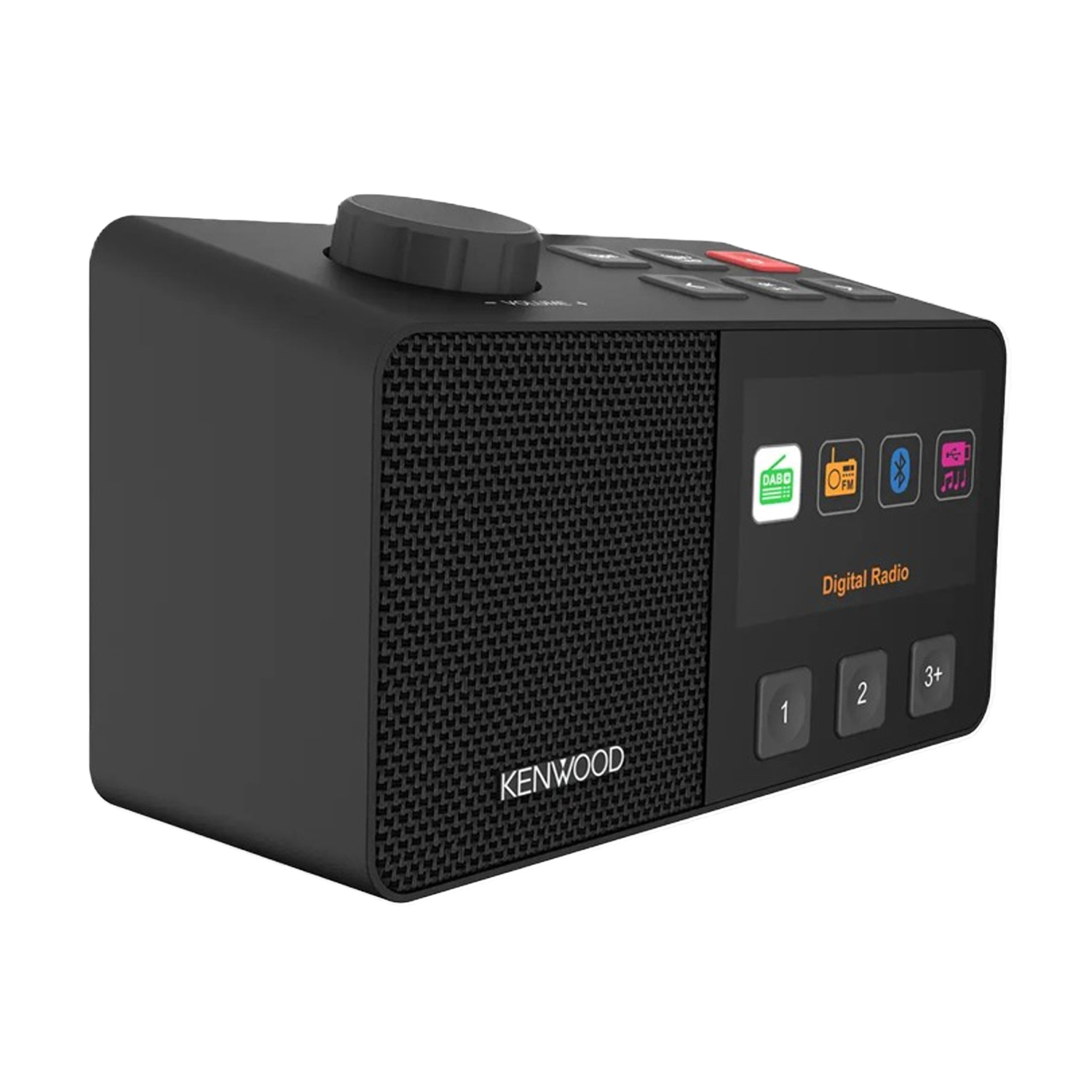 Radio digitale Kenwood nera. Dispone di pulsanti, schermo e manopola del volume. Include icone DAB, FM, Bluetooth e note musicali.