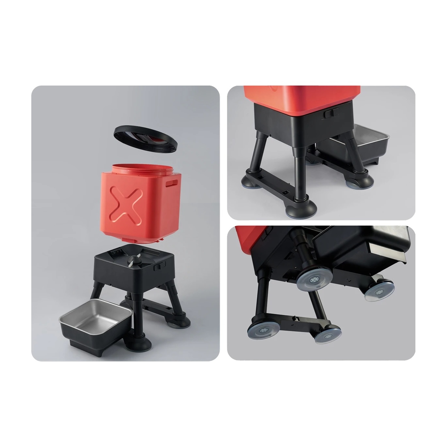 Vista esplosa di un alimentatore per animali domestici rosso e nero. Include un contenitore rosso, una base nera con ciotola e un coperchio.