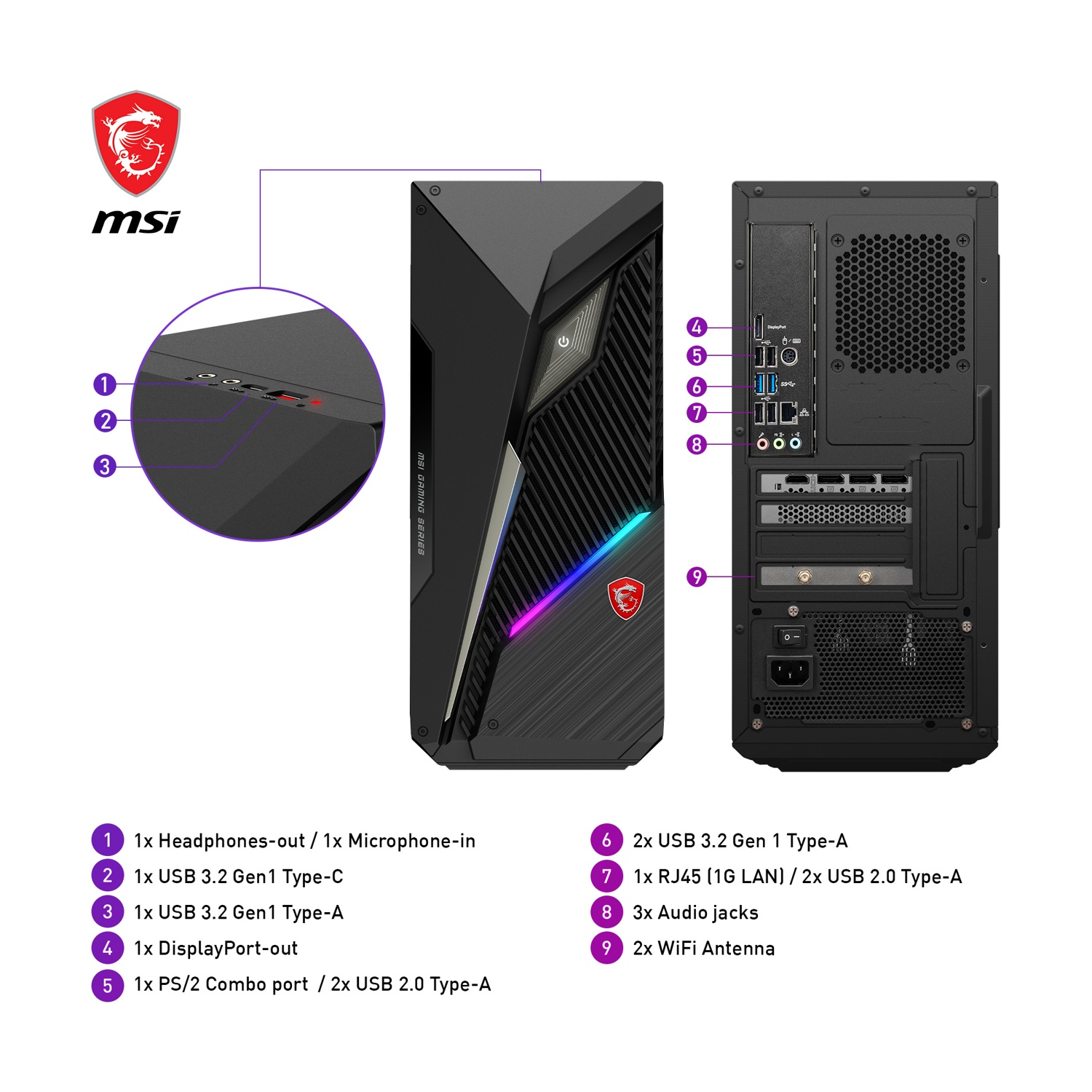 PC gaming MSI. Include porte USB, jack audio, porta display e porte antenna. Il pannello frontale ha porte di alimentazione e USB.
