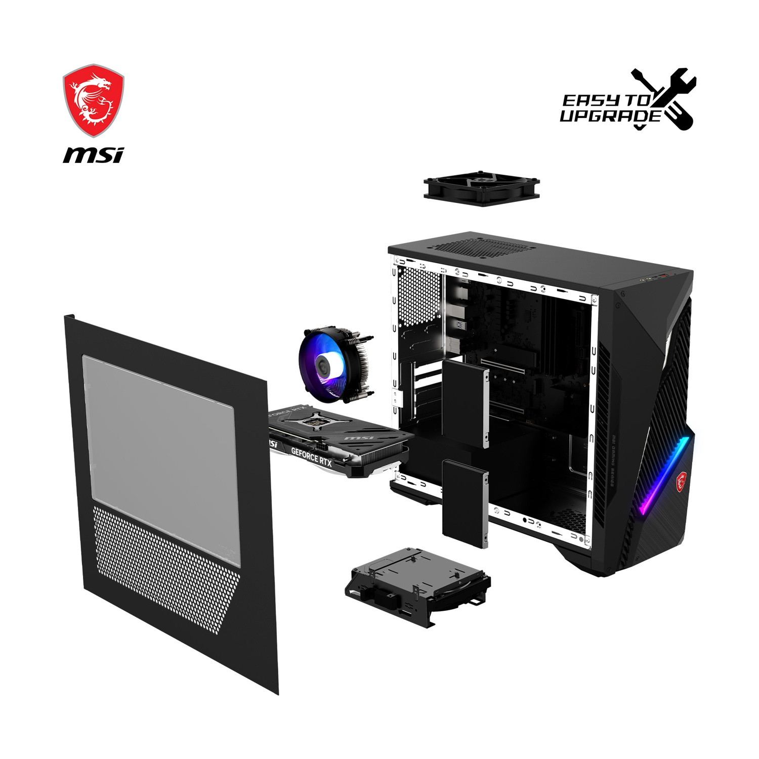 Vista esplosa di un case per computer nero con componenti come una scheda grafica e un dissipatore, logo MSI visibile.