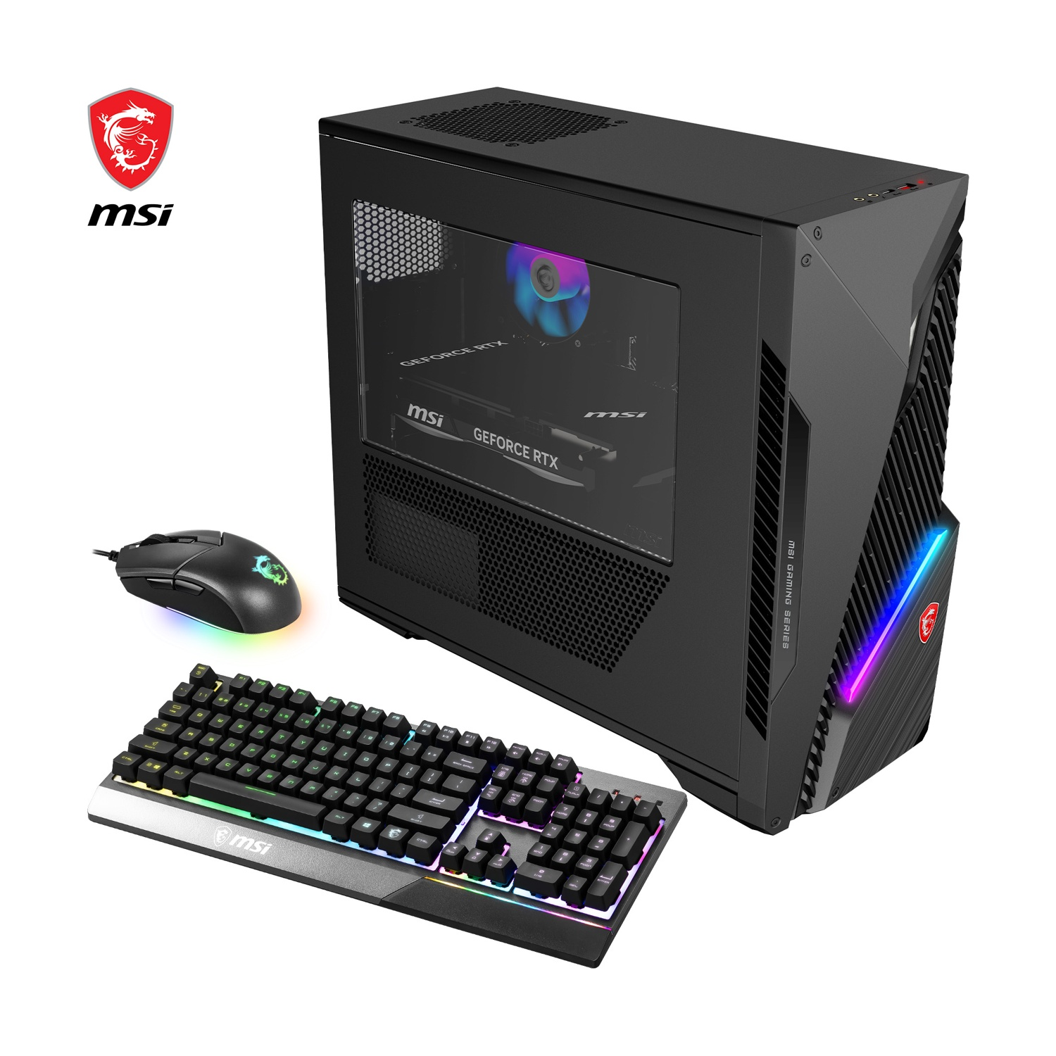 Un setup PC gaming con desktop nero, tastiera e mouse. La tastiera e il PC hanno illuminazione RGB, con marchio MSI visibile.