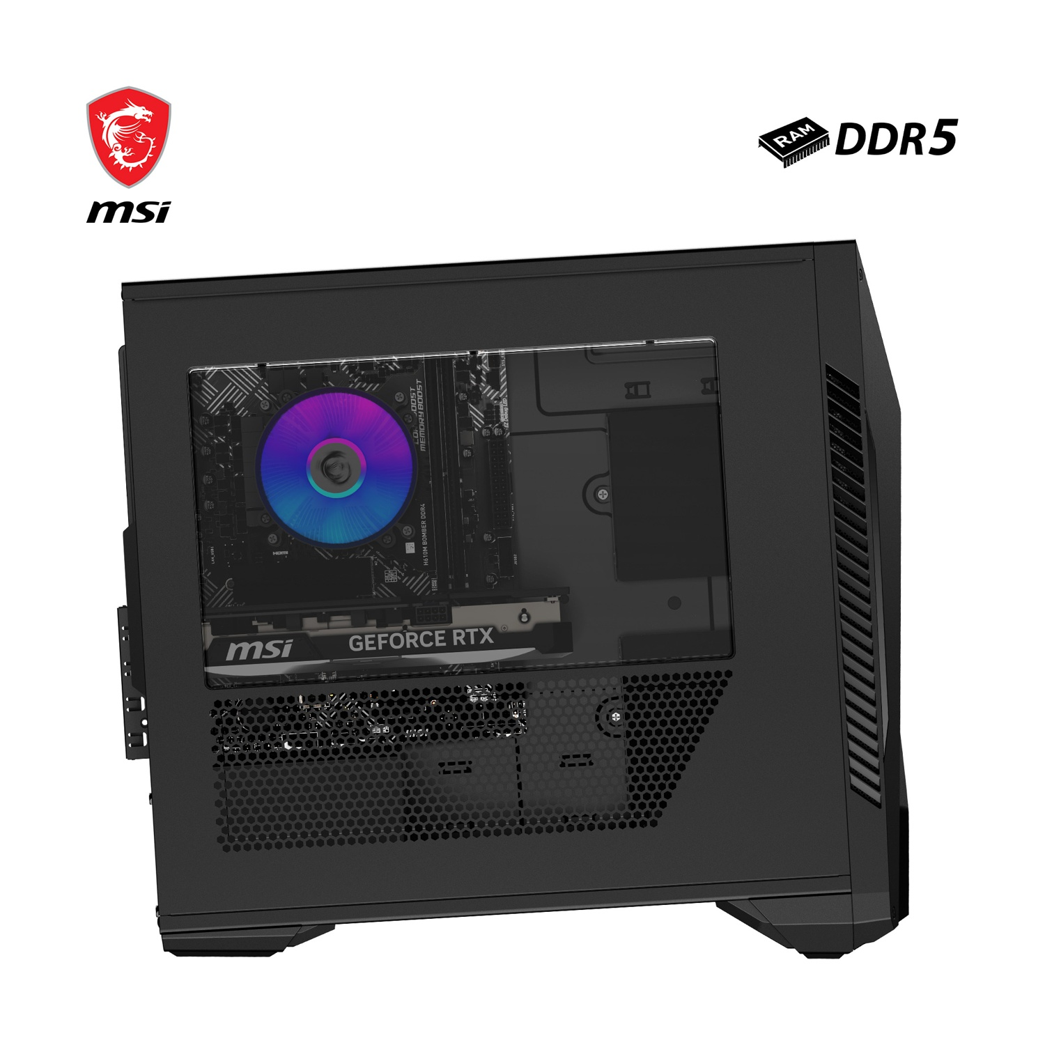 Un case per computer nero con logo MSI. All'interno sono visibili una scheda grafica, una scheda madre e un dissipatore CPU. È presente anche RAM DDR5.