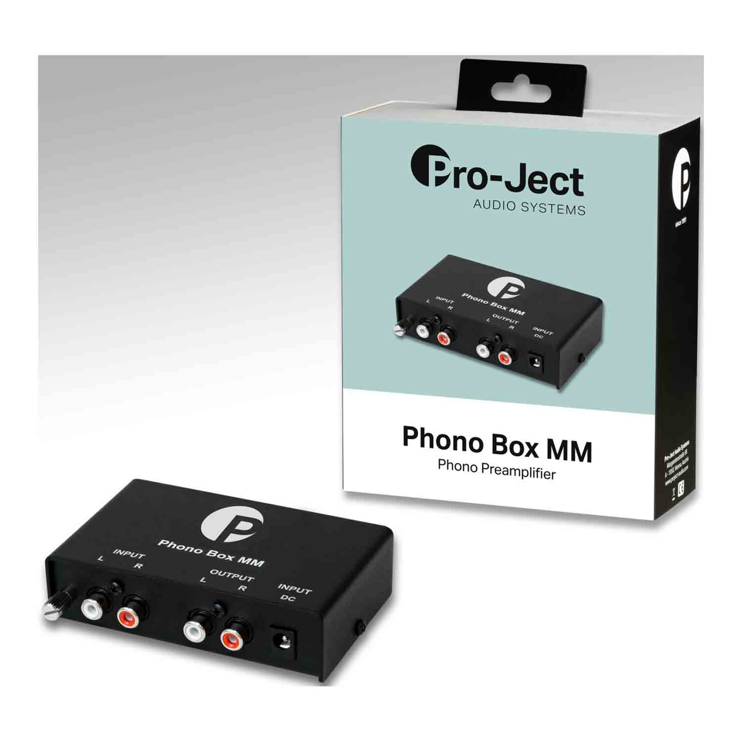 Un preamplificatore Pro-Ject Phono Box MM nero e la sua confezione. Il testo include 'INPUT', 'OUTPUT' e 'Phono Box MM'.