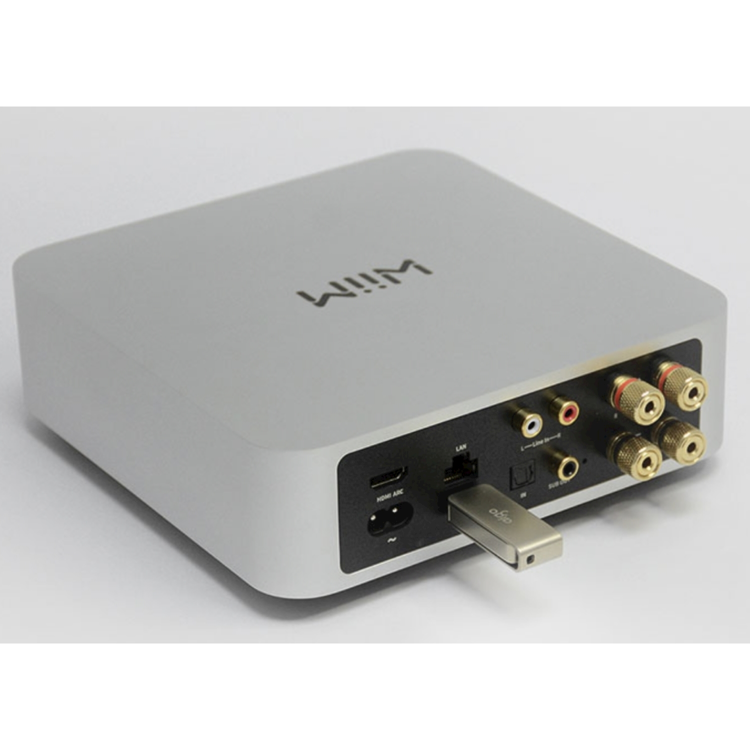 Un dispositivo audio Wiim argentato con porte, un'unità USB e la parola 'Wiim' in alto, su sfondo bianco.