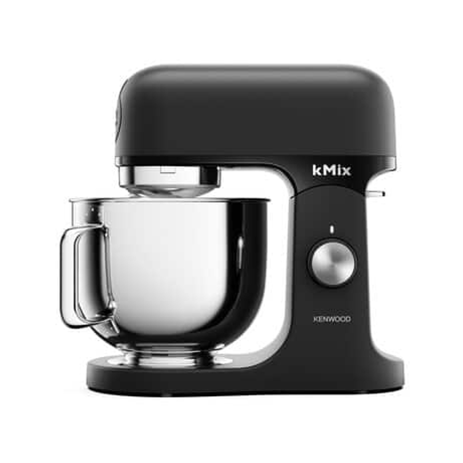 Un mixer a supporto Kenwood kMix nero con una ciotola in acciaio inossidabile. Il mixer è su sfondo bianco.