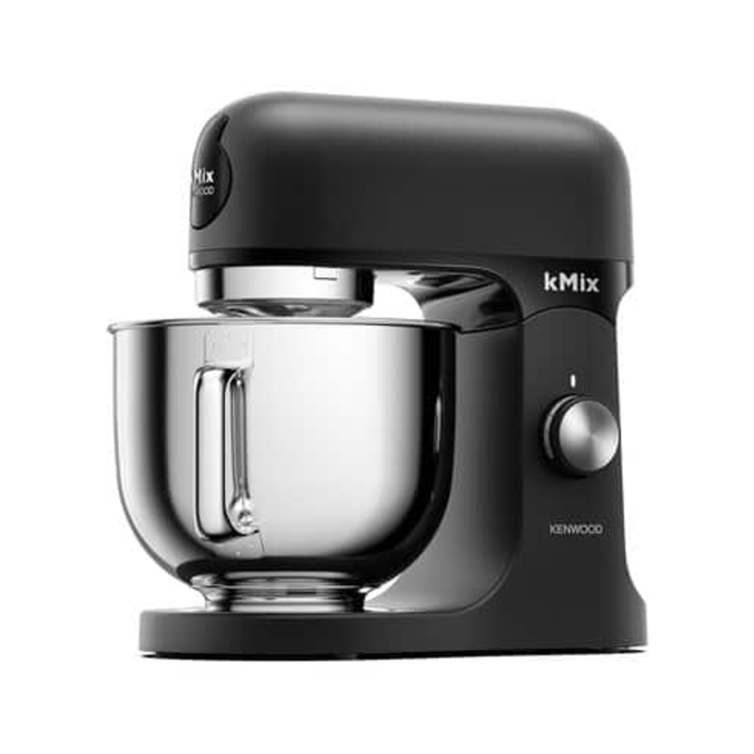 Un mixer da cucina nero Kenwood kMix. È dotato di una ciotola in acciaio inossidabile e una manopola di controllo. Il mixer è su sfondo bianco.