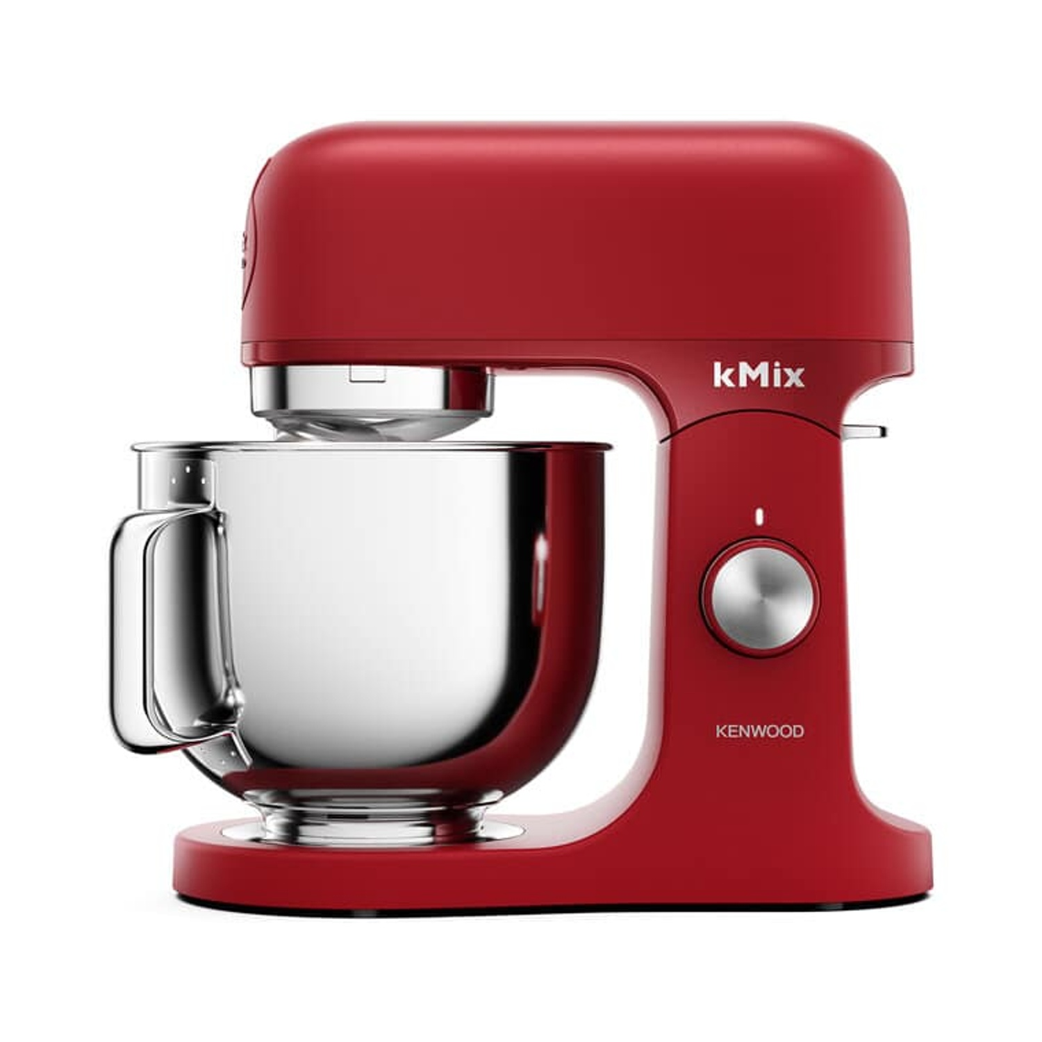 Un robot da cucina Kenwood kMix rosso. Ha una ciotola in acciaio inossidabile e una manopola di controllo argentata. Il marchio è visibile.