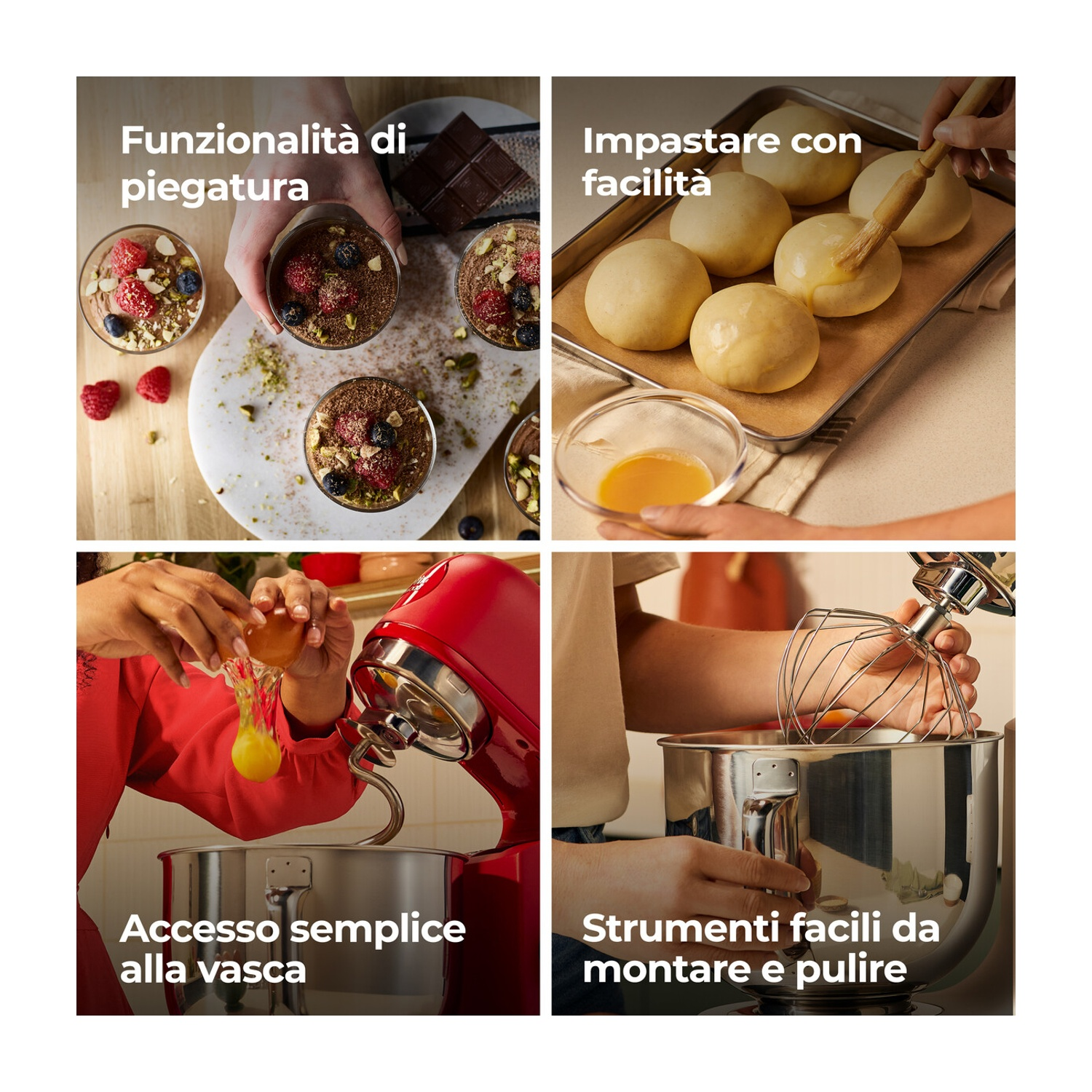 L'immagine mostra quattro scene di cucina: dessert con frutti di bosco, impasto spennellato, uovo rotto nel mixer, mixer con frusta.