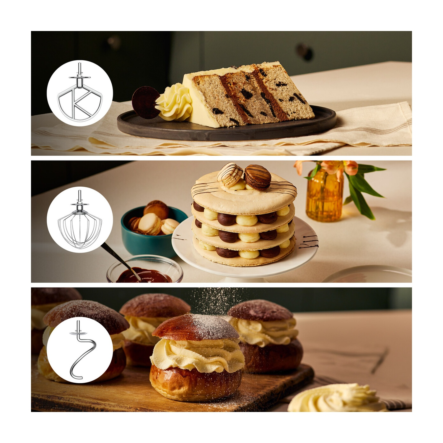 L'immagine mostra tre diversi dessert: torta, biscotto a strati e panini con crema, ciascuno con un accessorio per robot da cucina.