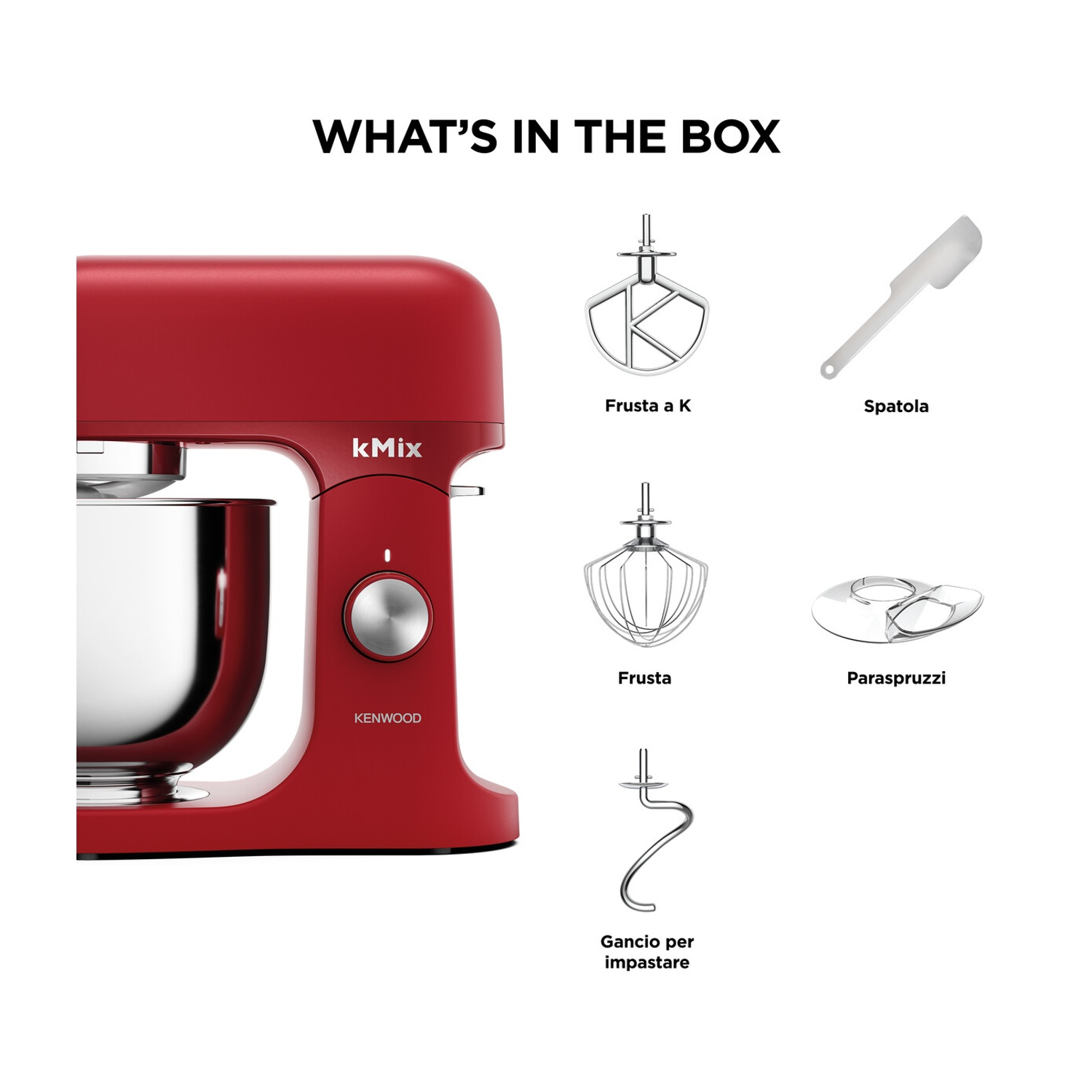 Un robot da cucina Kenwood kMix rosso con accessori: frusta K, spatola, frusta, paraschizzi e gancio impastatore. Testo: 'Cosa c'è nella scatola'.