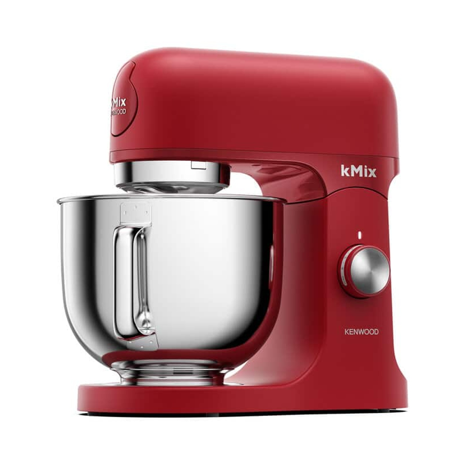 Un mixer da cucina rosso Kenwood kMix con una ciotola in acciaio inossidabile. Il mixer ha una manopola e il marchio è visibile.