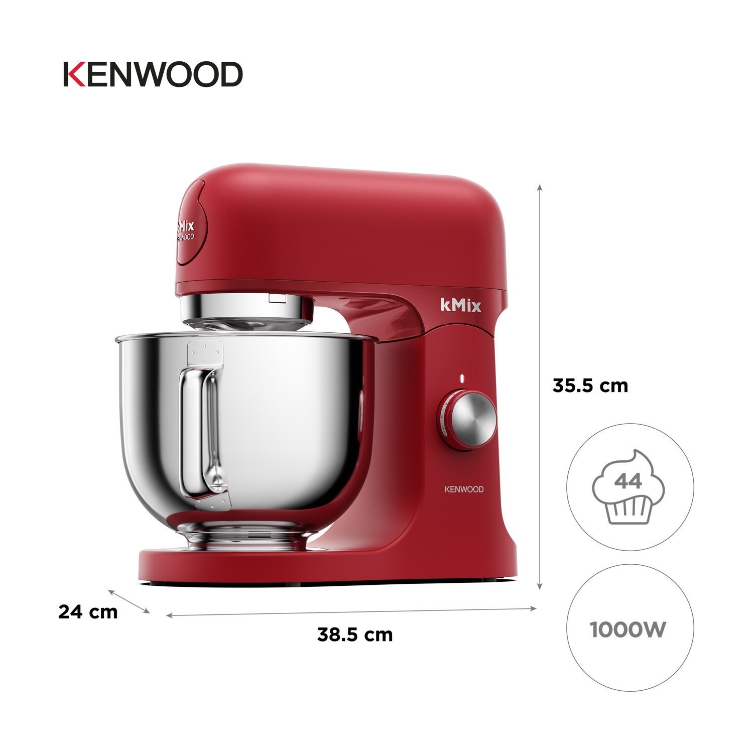 Un robot da cucina Kenwood kMix rosso con una ciotola in acciaio inox. Dimensioni: 24 cm, 38,5 cm e 35,5 cm. 1000W e un'icona di cupcake.