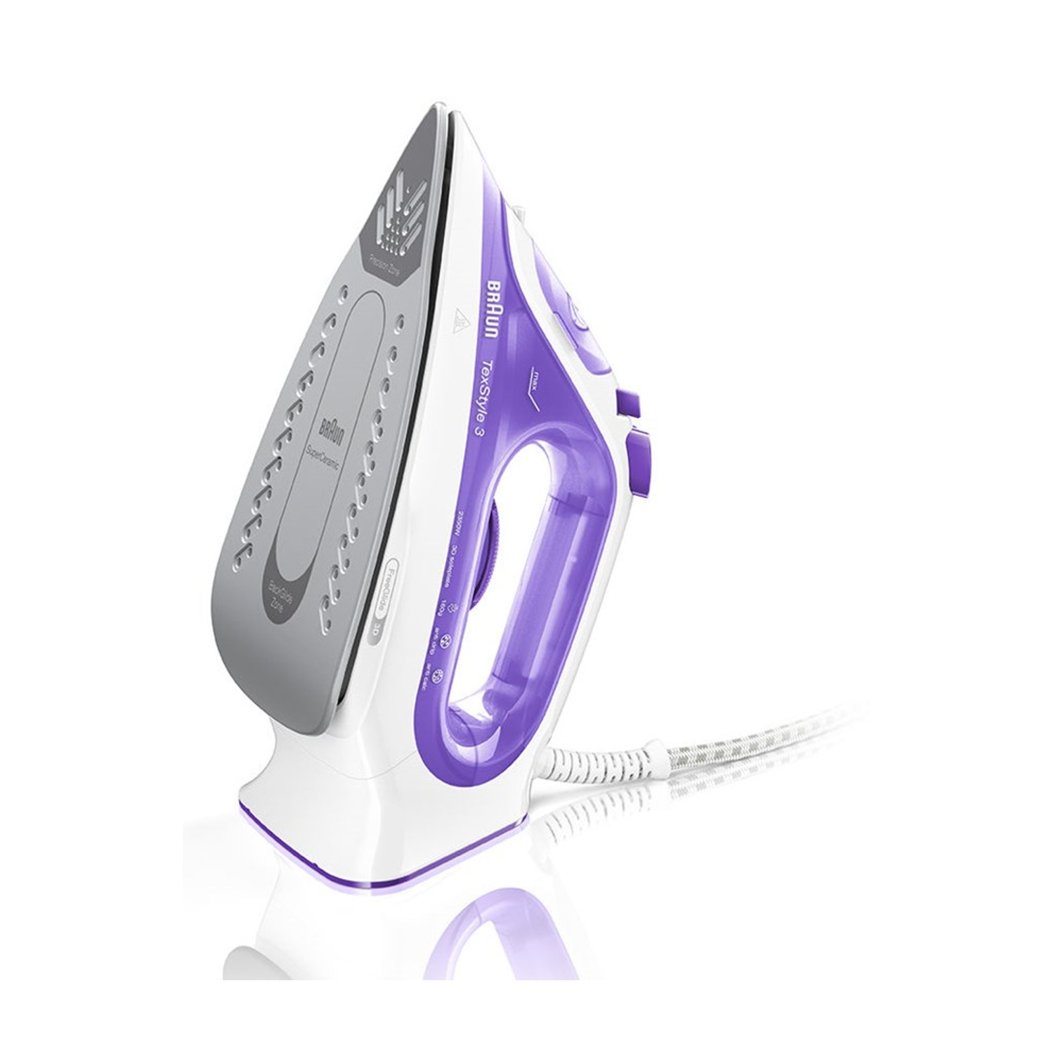 Un ferro da stiro Braun TexStyle 3 bianco e viola su una superficie bianca. Il ferro ha una piastra grigia e un cavo di alimentazione bianco.