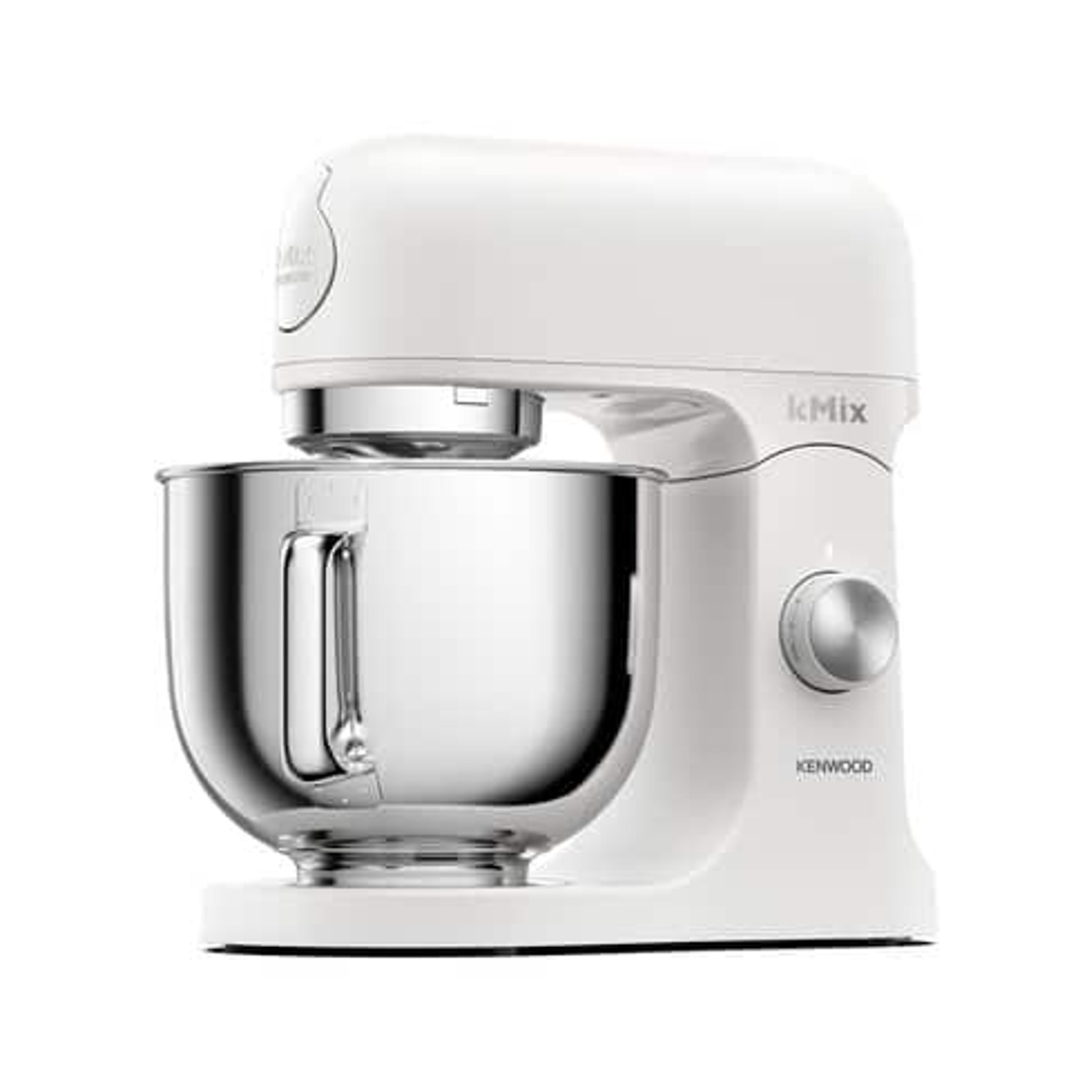 Un robot da cucina Kenwood kMix bianco. Ha una ciotola argentata, un quadrante e il nome del marchio stampato sul lato.