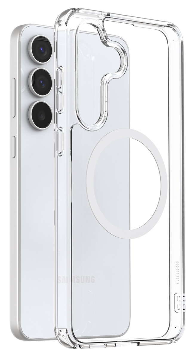 Przezroczyste etui na telefon na białym telefonie. Etui ma białe koło z tyłu. Widoczne logo Samsung.