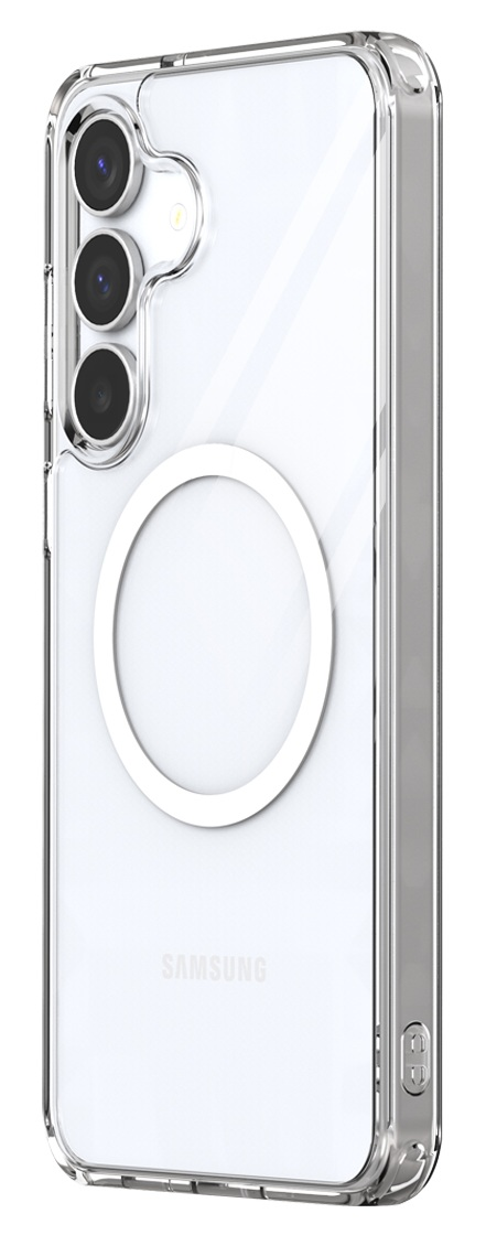 Przezroczyste etui na telefon z trzema obiektywami. Białe koło magnetyczne. Logo Samsung. Przezroczysta osłona.