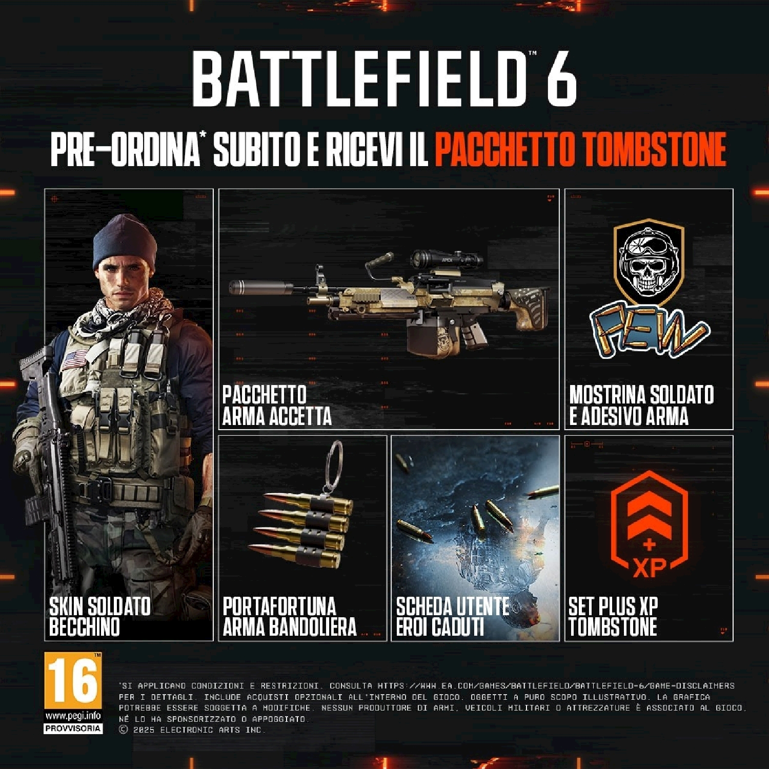 Immagine promozionale di Battlefield 6. Presenta soldato, armi e contenuti di gioco. Include testo: Prenota ora e ricevi il pacchetto Tombstone.