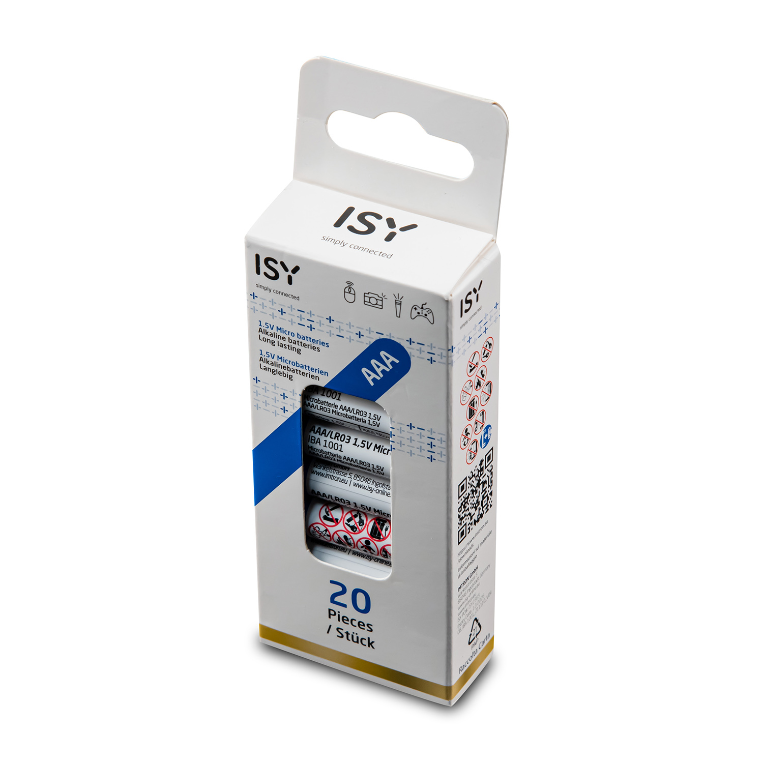 Scatola di batterie ISY AAA. Scatola bianca con dettagli blu. Contiene 20 batterie. Il logo del marchio ISY è visibile.