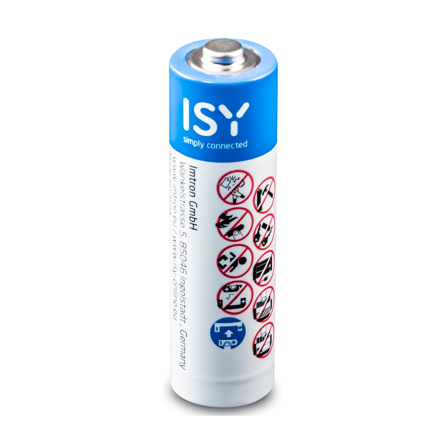 Una batteria cilindrica con sezioni blu e bianche. Ha avvertenze e il logo ISY. La parte superiore è argentata.
