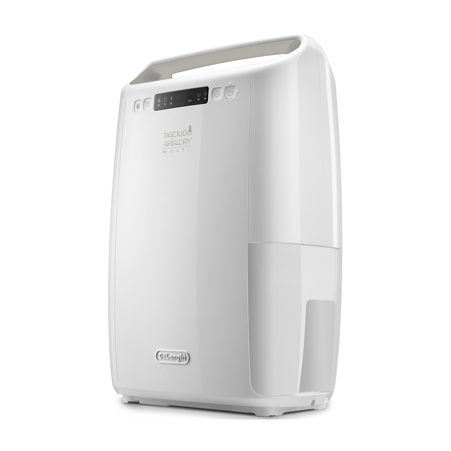 Un deumidificatore De'Longhi Ariadry Multi bianco con maniglia e pannello di controllo. Su sfondo bianco.