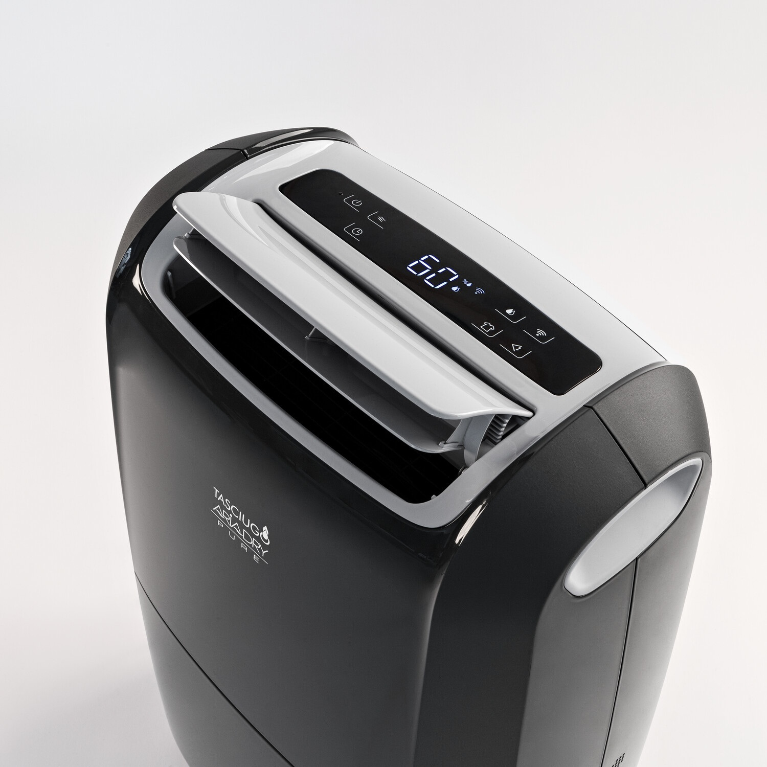 Un deumidificatore bianco e nero con display digitale che mostra '60'. Visibile il marchio 'TASCIGO'. Lo sfondo è bianco.