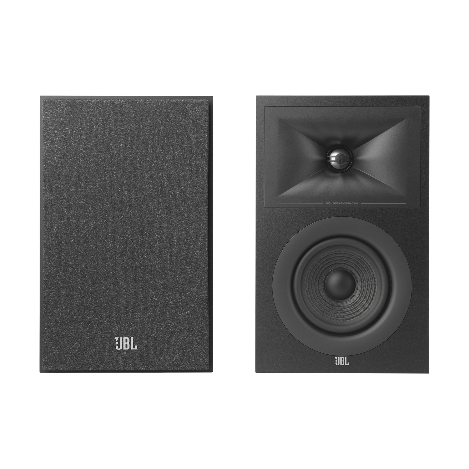Due altoparlanti JBL neri su sfondo bianco. Uno è un pannello vuoto, l'altro ha un tweeter a tromba e un woofer.