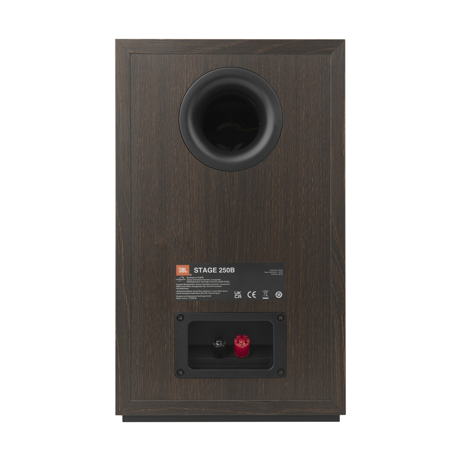 Vista posteriore di un altoparlante JBL Stage 250B. Ha una finitura in legno scuro, un'ampia porta circolare e terminali di connessione.