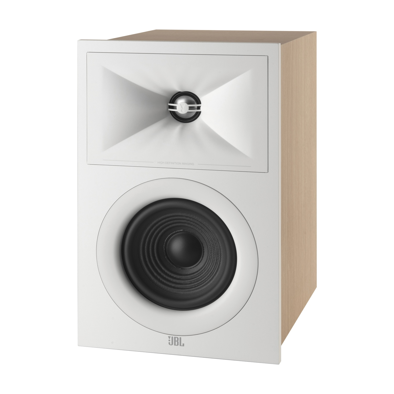 Un altoparlante JBL bianco con una tromba e un altoparlante nero. Il lato dell'altoparlante è in legno.