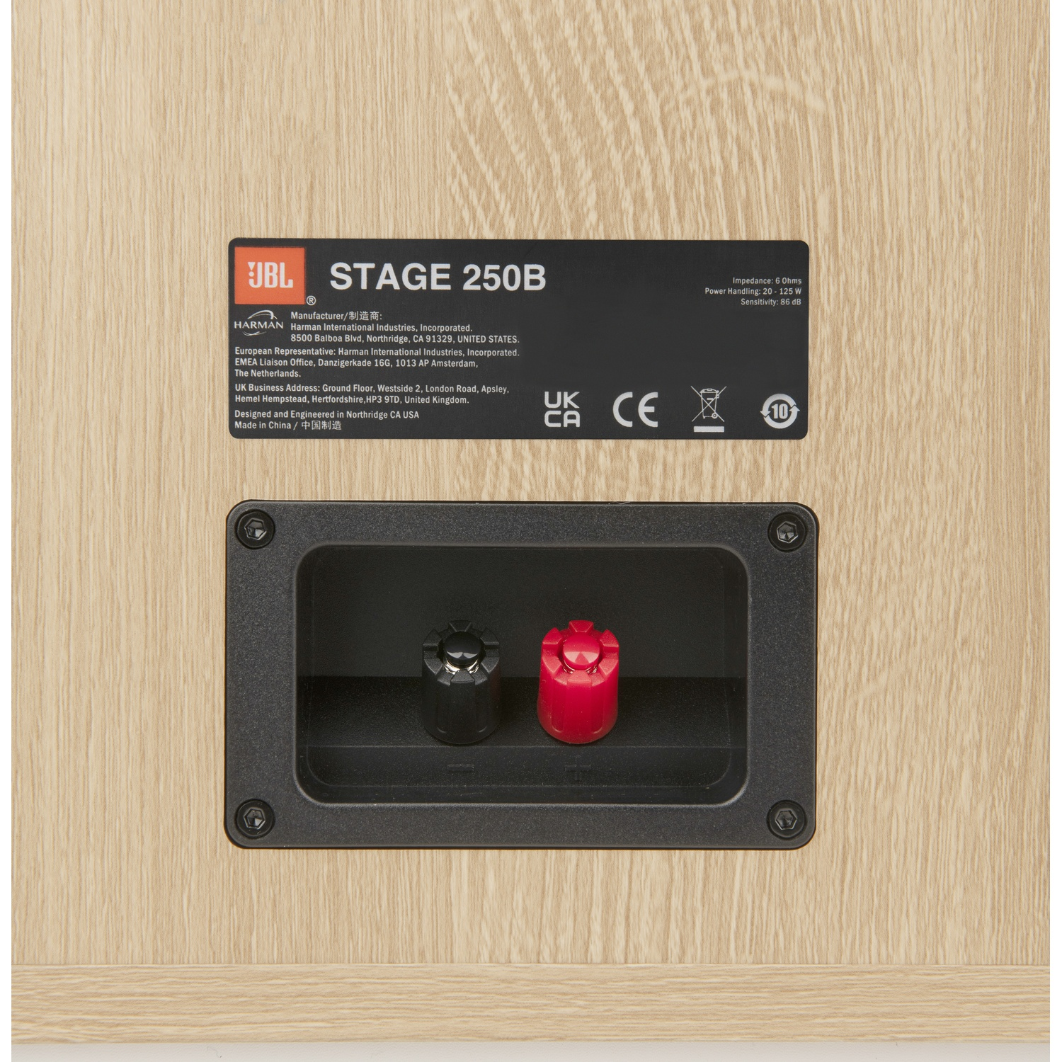 Primo piano di un altoparlante JBL Stage 250B. Ha un pannello connettore nero con terminali rossi e neri e una finitura a venatura di legno.