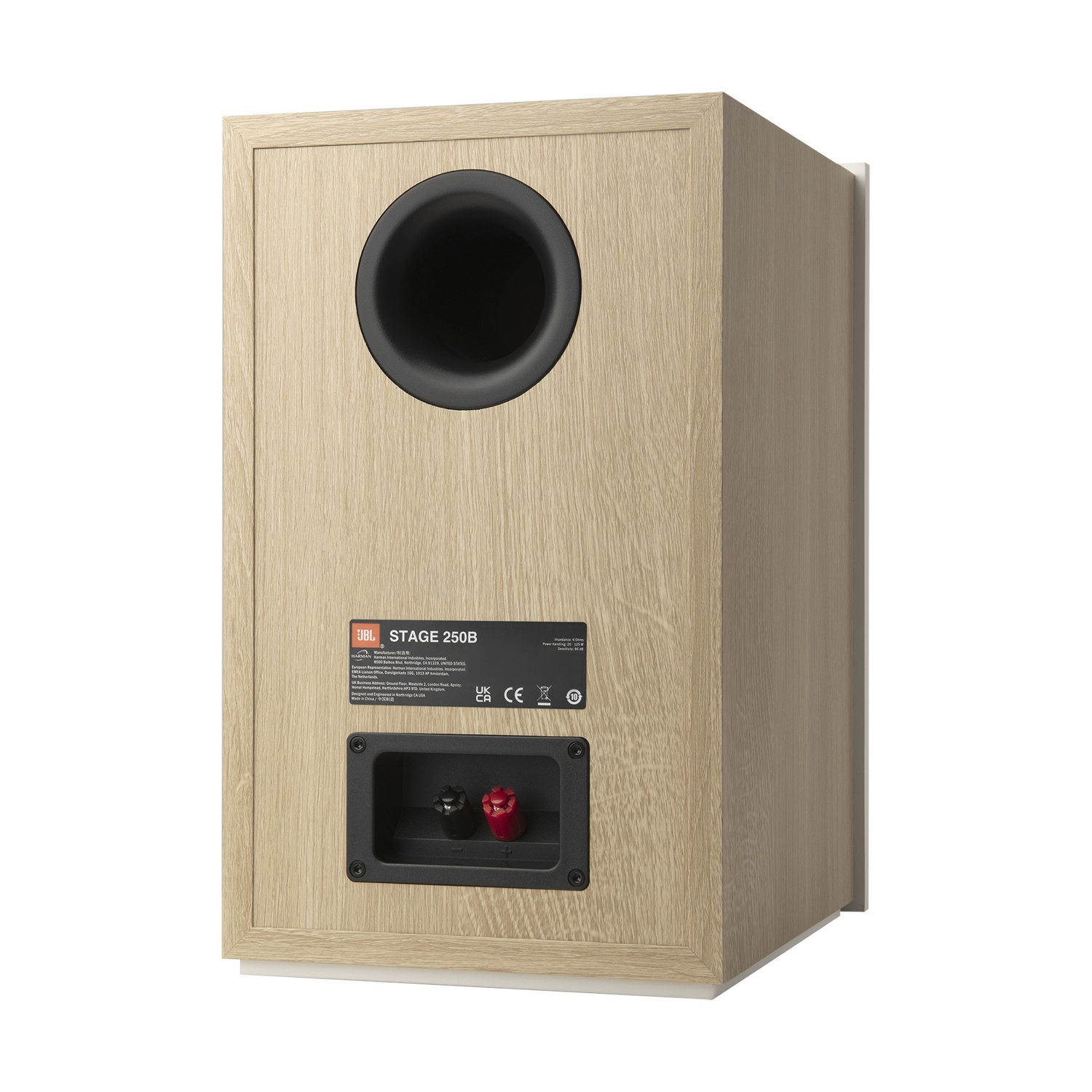 Un altoparlante JBL Stage 250B. È una scatola di legno con un buco nero, terminali neri e rossi e un'etichetta del prodotto. Sfondo bianco.