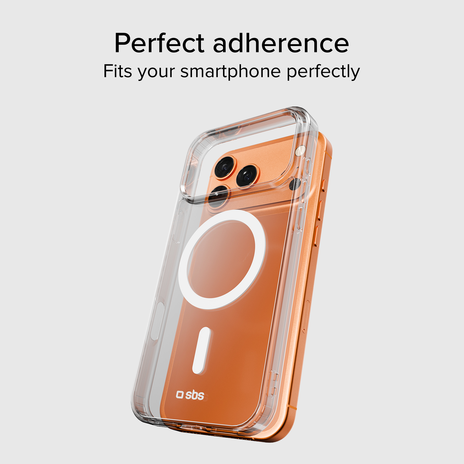 Przezroczyste etui na telefonie w kolorze pomarańczowym. Etui pokazuje białe koło i białą linię. Tło jest jasnoszare.