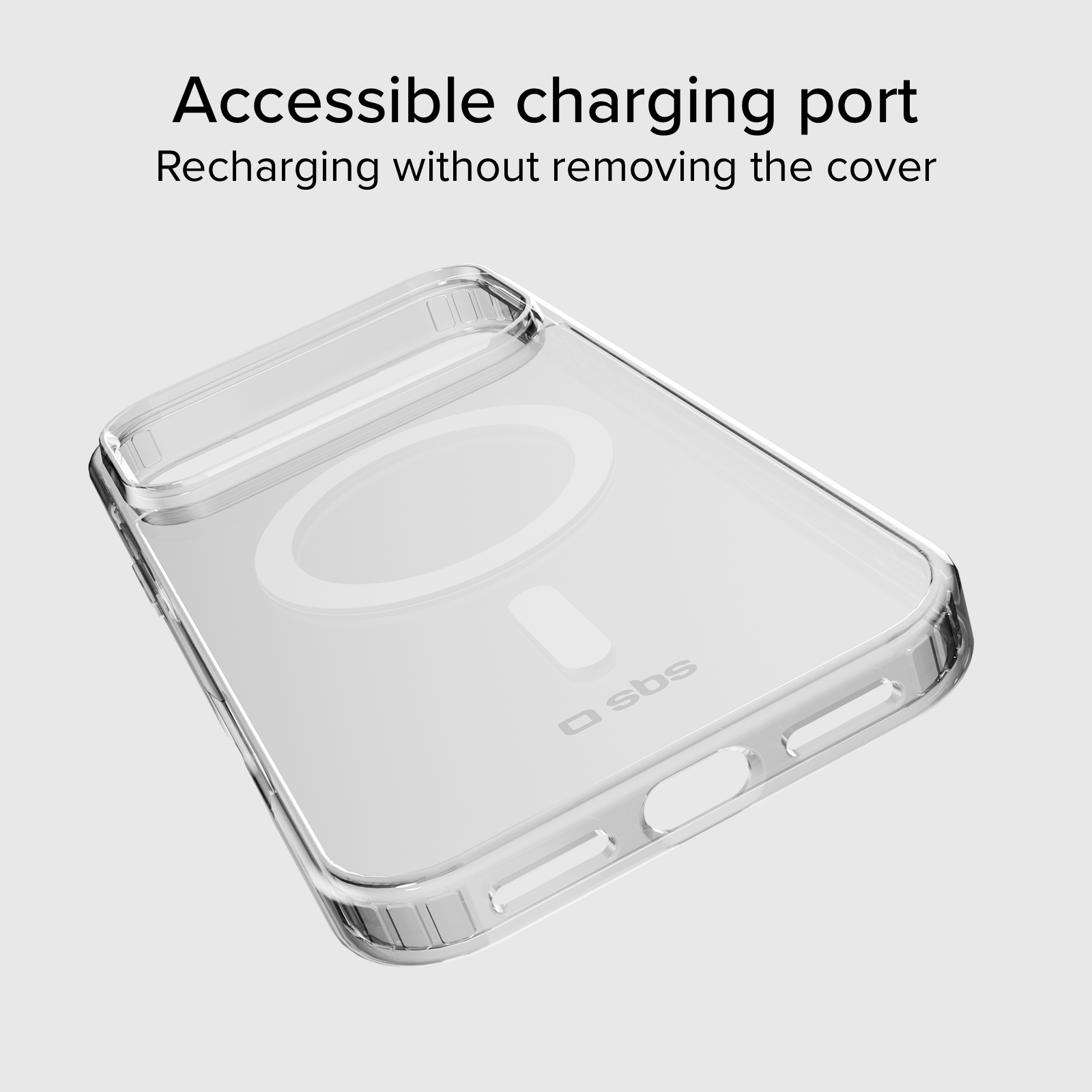 Przezroczyste etui na telefon z portem ładowania, widoczna marka sbs. Tło jest białe.