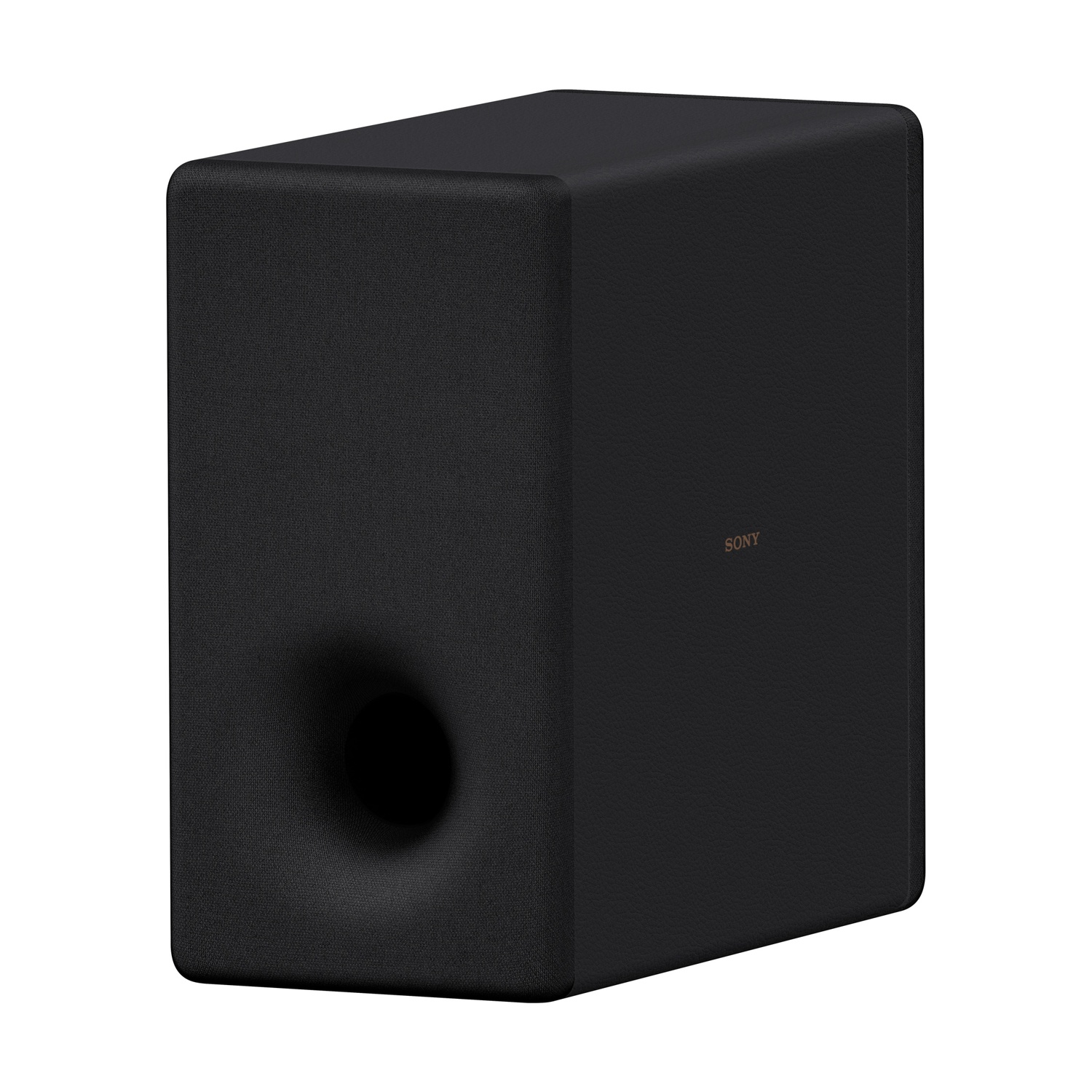 Un subwoofer Sony nero. Ha un'apertura cilindrica frontale e il logo Sony laterale. Lo sfondo è bianco.
