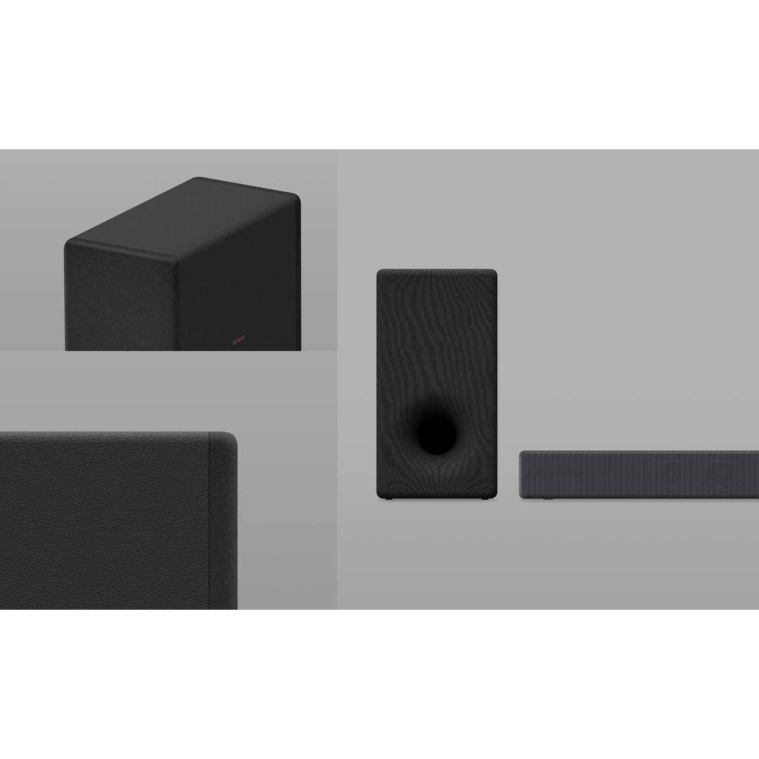 L'immagine mostra un sistema soundbar nero. Include un subwoofer, un altoparlante lungo e primi piani dei componenti.