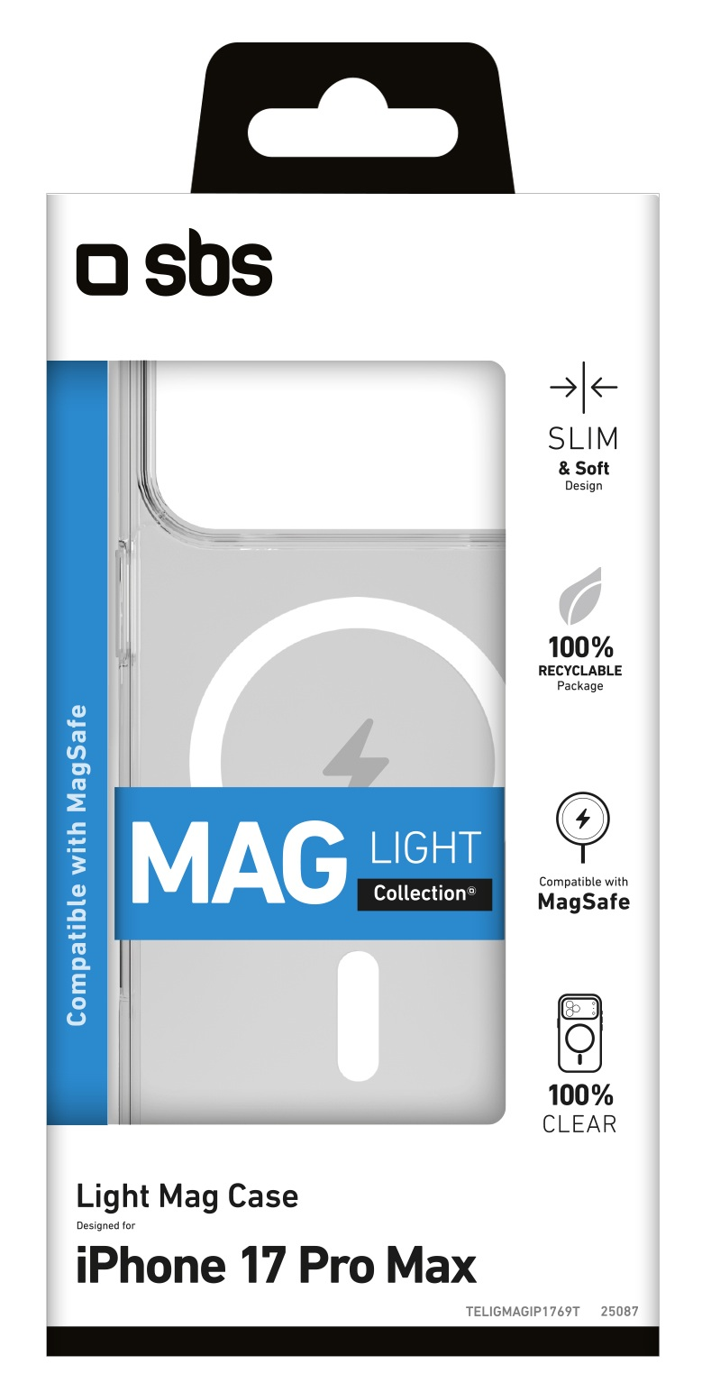 Przezroczyste opakowanie Light Mag Case dla iPhone 17 Pro Max. Posiada kompatybilność MagSafe, smukłą konstrukcję i w 100% nadające się do recyklingu materiały.