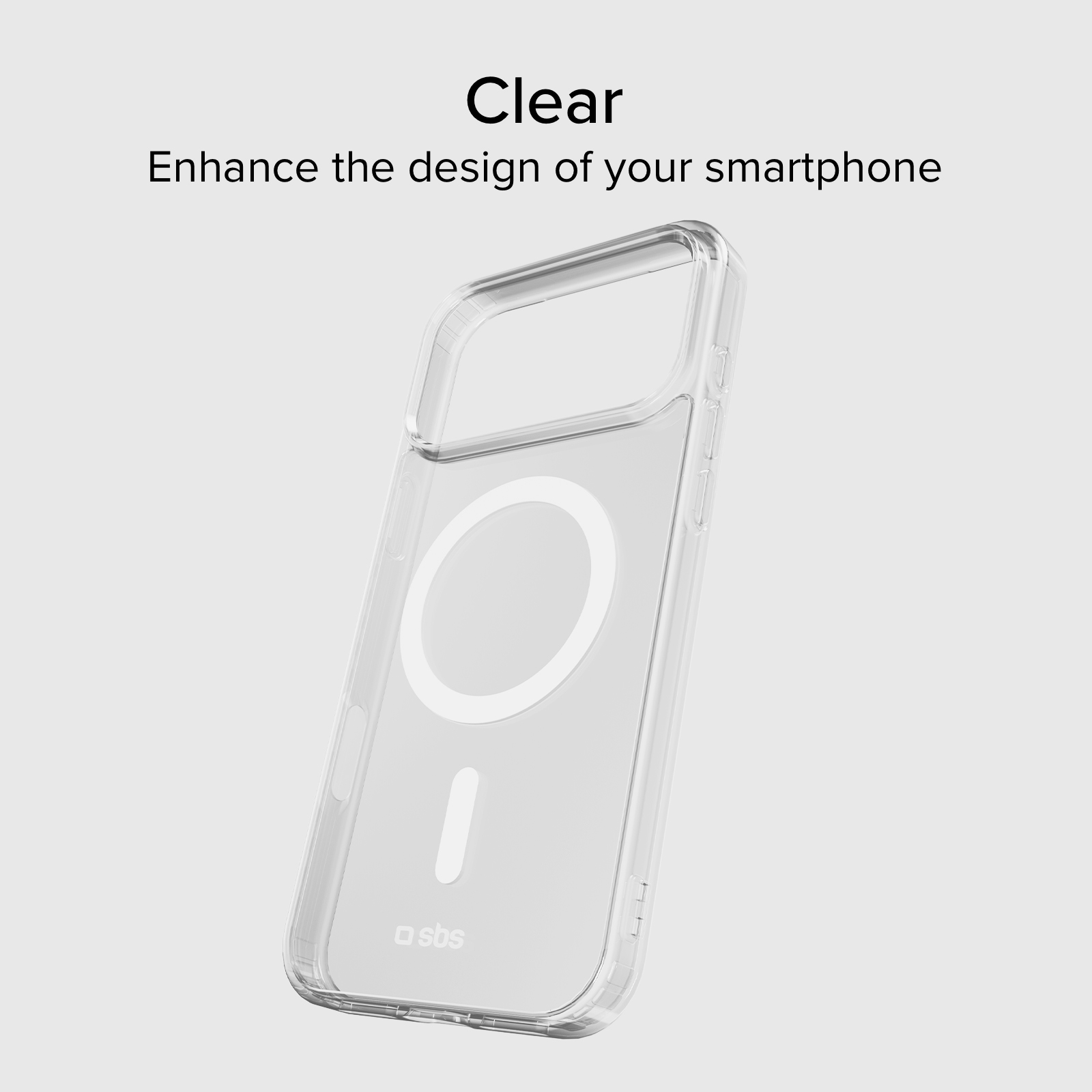 Przezroczyste etui na smartfon z białym okrągłym wzorem i białą linią na białym tle.