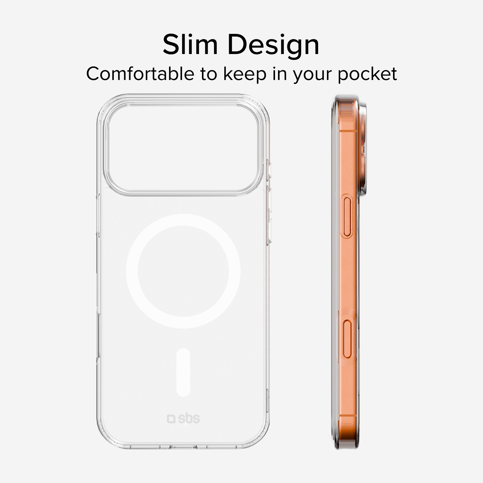 Przezroczyste etui na telefon z pomarańczowymi bokami, widok z przodu i z boku. Tekst u góry: Smukły design.