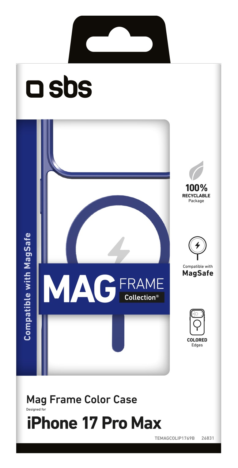 Opakowanie etui na telefon. Posiada etykietę Mag Frame Collection, jest kompatybilne z MagSafe i ma kolorowe krawędzie.