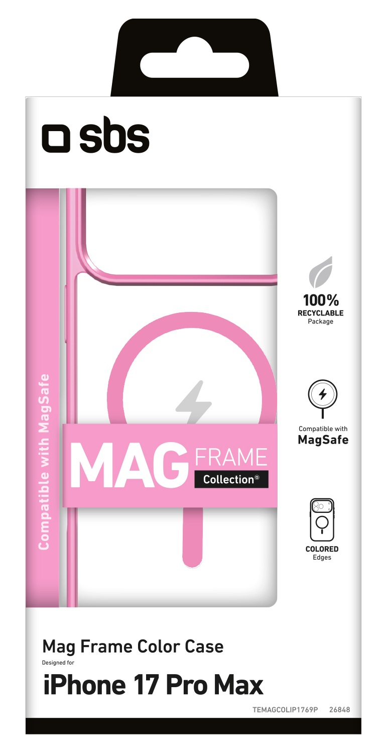 Różowe opakowanie etui na iPhone'a marki sbs. Etui jest przeznaczone do iPhone'a 17 Pro Max, z MagSafe. Ma logo Mag Frame Collection.