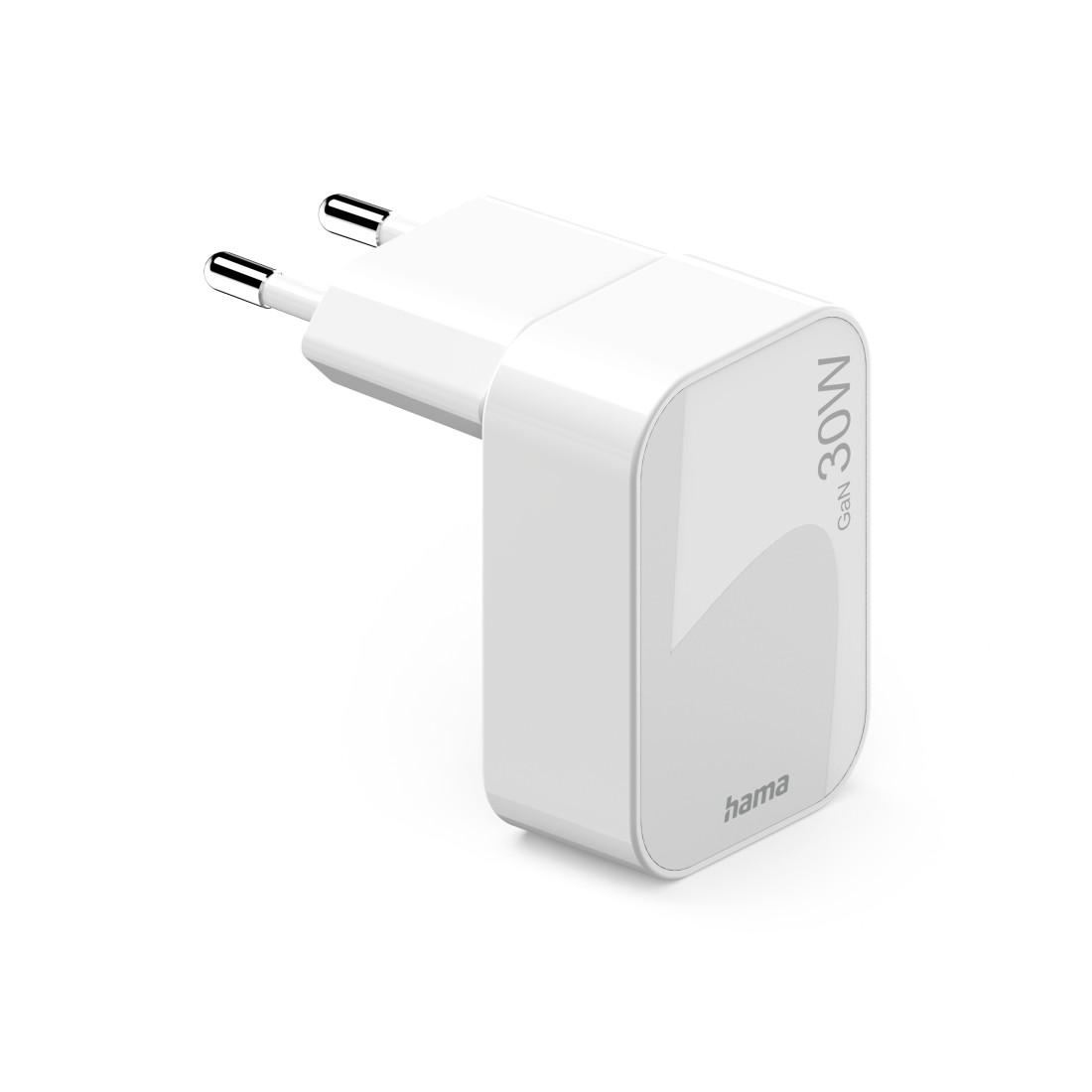 Weißes Hama 30W-Ladegerät mit Stecker auf weißem Hintergrund. Text 'GaN 30W' und 'hama' sind sichtbar.