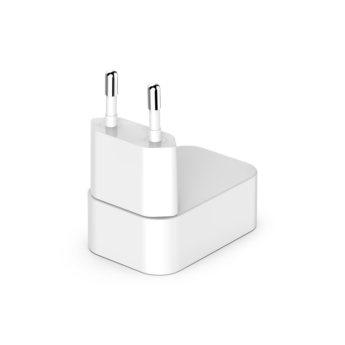 Ein weißes Apple-Netzteil auf weißem Hintergrund. Es hat zwei silberne Stifte und eine rechteckige Basis.