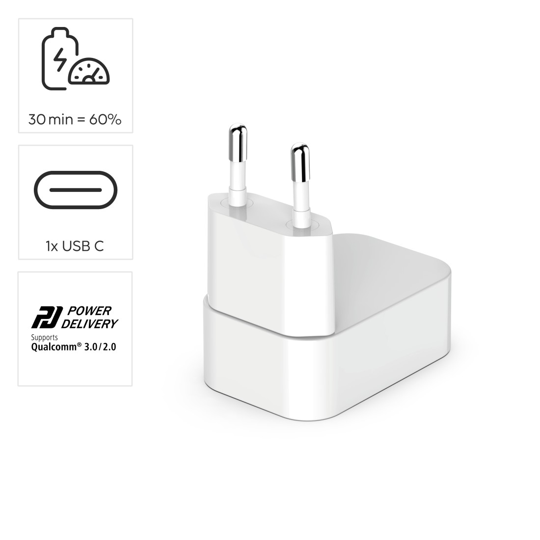 Ein weißes USB-C-Netzteil mit zwei Stiften. Das Bild zeigt auch Ladeinformationen und das Power Delivery-Logo.