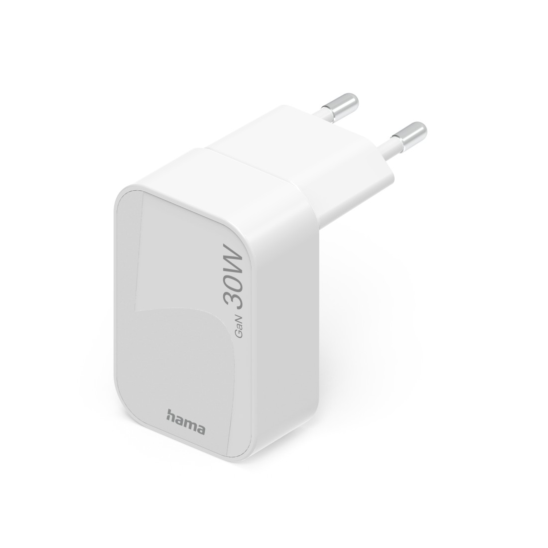 Ein weißes Hama 30W GaN-Ladegerät mit zwei silbernen Spitzen. Das Ladegerät befindet sich auf einer weißen Oberfläche. Der Markenname ist sichtbar.