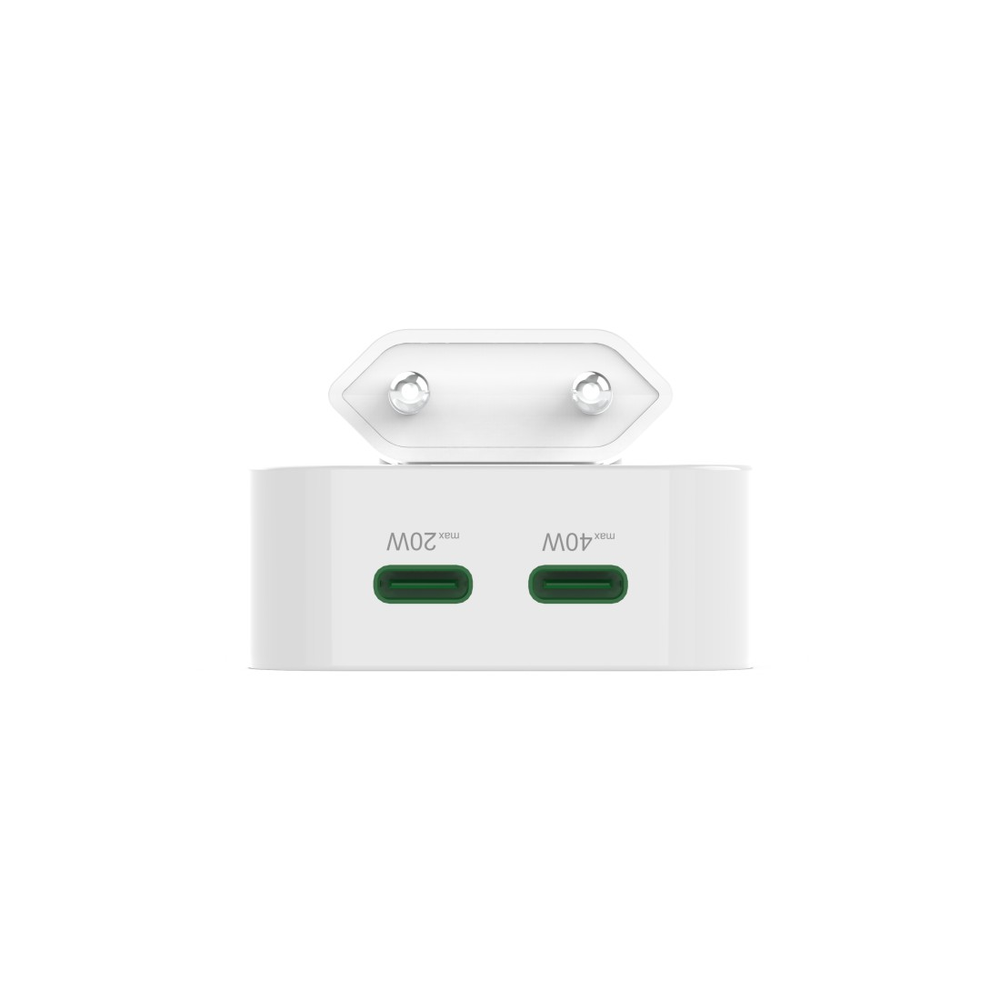 Ein weißes Ladegerät mit einem zweipoligen Stecker oben. Es hat zwei grüne Rechtecke mit der Aufschrift max 20W und max 40W.