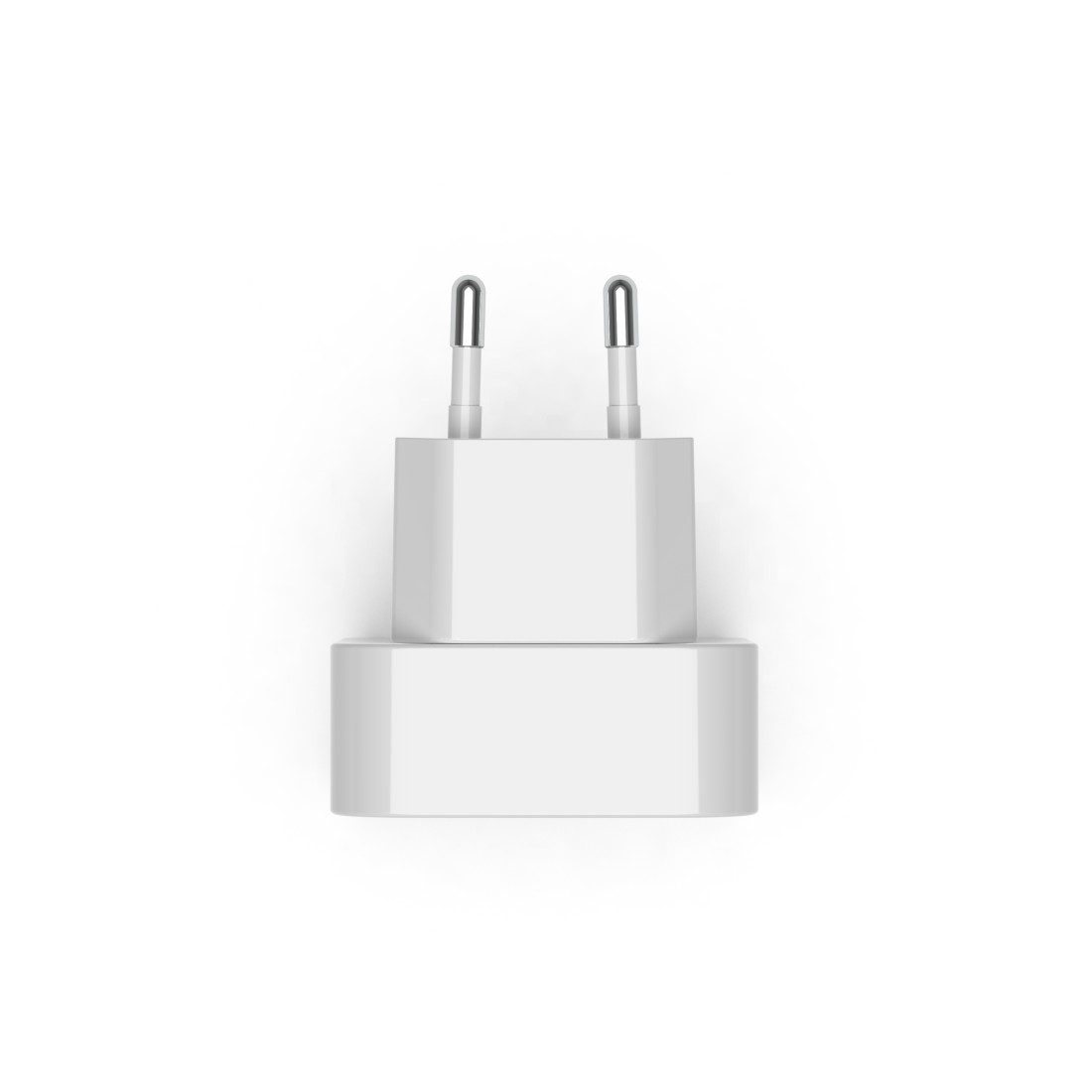 Ein weißer Netzadapter für elektronische Geräte, mit zwei silbernen Stiften oben und einem rechteckigen Gehäuse auf weißem Hintergrund.
