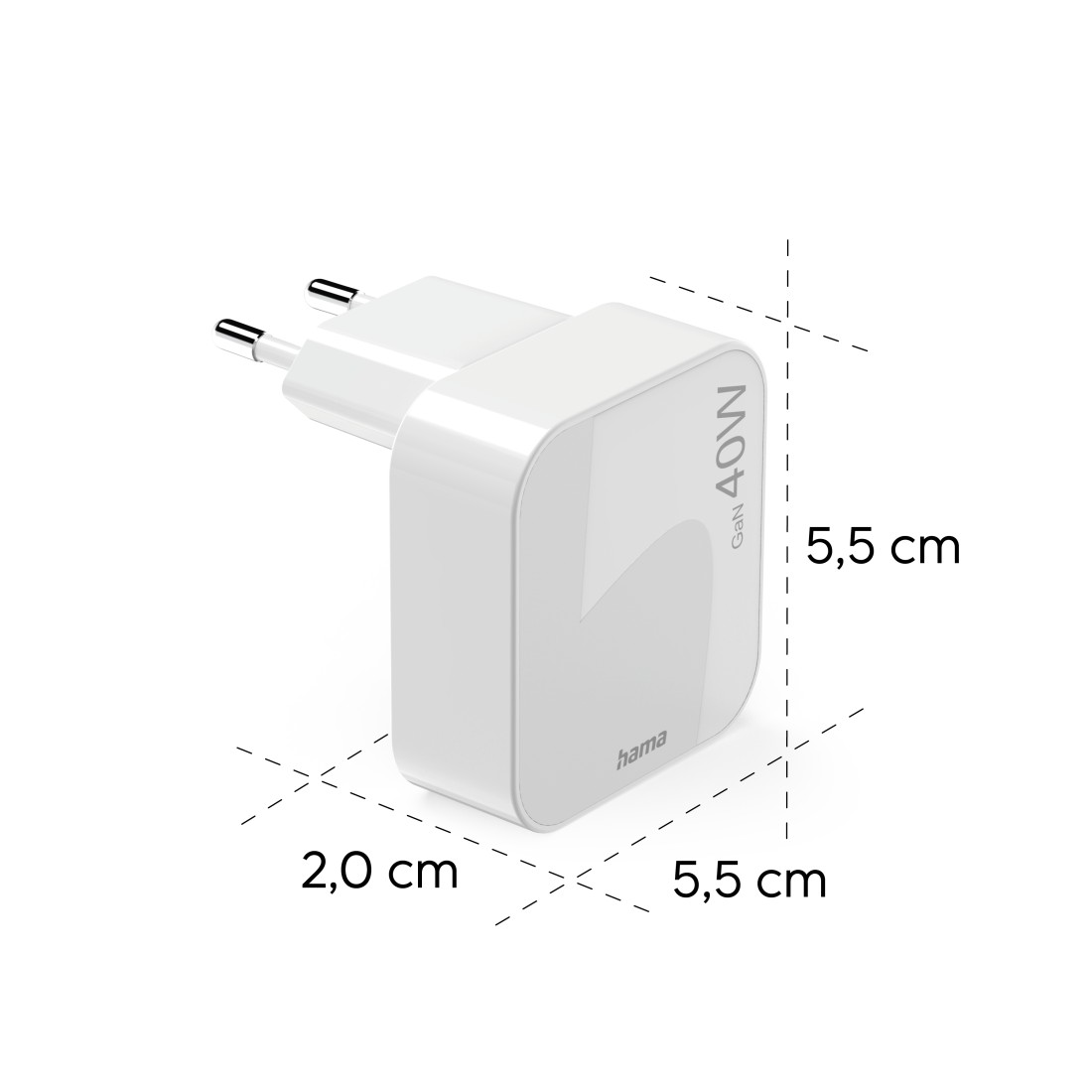 Weißes Hama GaN 40W Ladegerät. Abmessungen sind 5,5 cm x 5,5 cm x 2 cm. EU-Stecker. Auf dem Ladegerät steht 'hama' und 'GaN 40W'.
