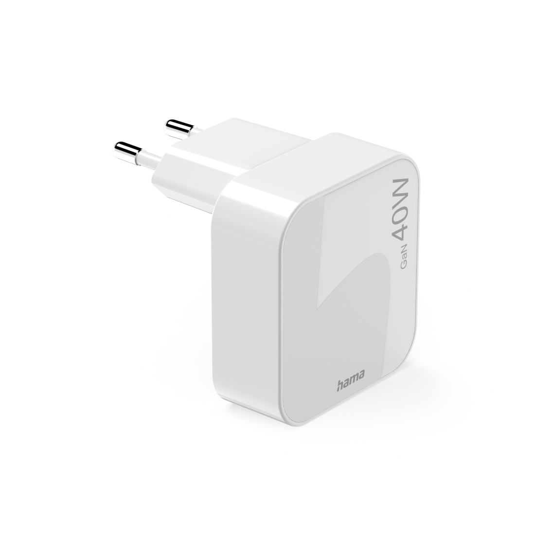 Ein weißes 40W GaN Hama-Ladegerät mit Zweipolstecker. Das Ladegerät befindet sich auf weißem Hintergrund.