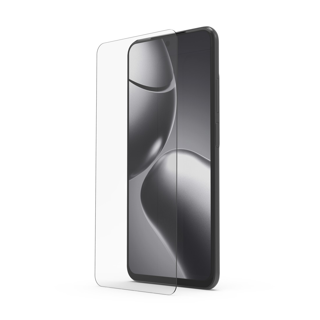 Ein Smartphone mit angebrachtem Displayschutz. Das Telefon ist schwarz. Der Bildschirm zeigt verschwommene Formen. Eine klare Displayschutzfolie davor.