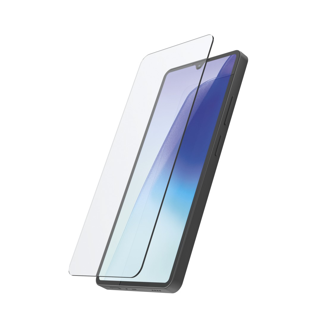 Ein Smartphone mit Displayschutzfolie. Das Telefon ist schwarz, der Bildschirm zeigt einen blauen Farbverlauf. Der Schutz ist transparent.