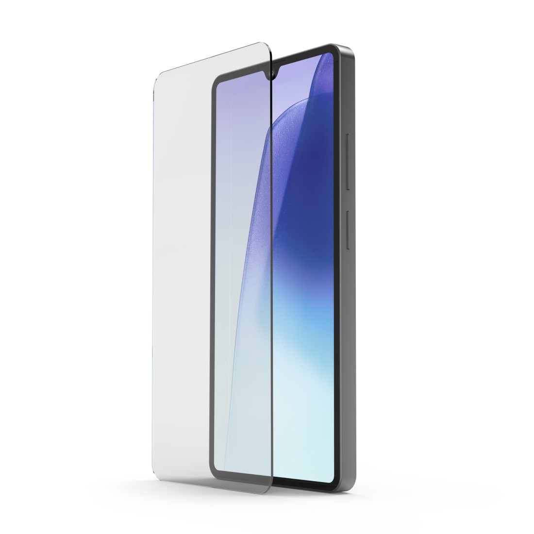 Ein Smartphone mit Displayschutzfolie wird gezeigt. Das Telefon ist grau, mit einem blau-weißen Bildschirm. Der Schutz ist klar.